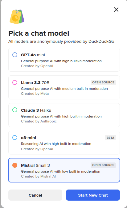AI by Duckduckgo - choice of AI Chat models